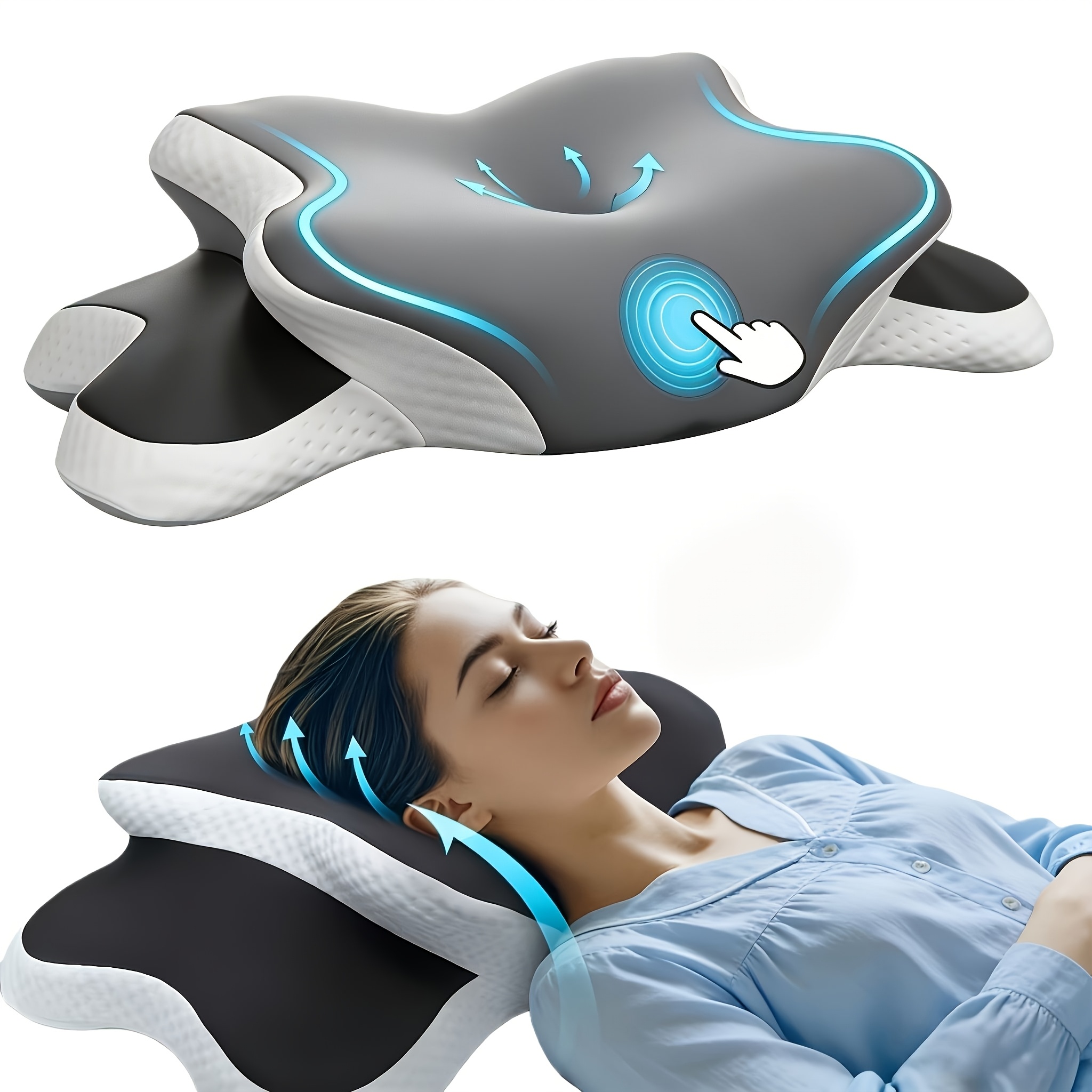 TEMU 1 pièce Oreiller cervical ergonomique | Soutien à , Tissu respirant et rafraîchissant, Housse lavable en machine - Gris, Polyester, Rembourrage