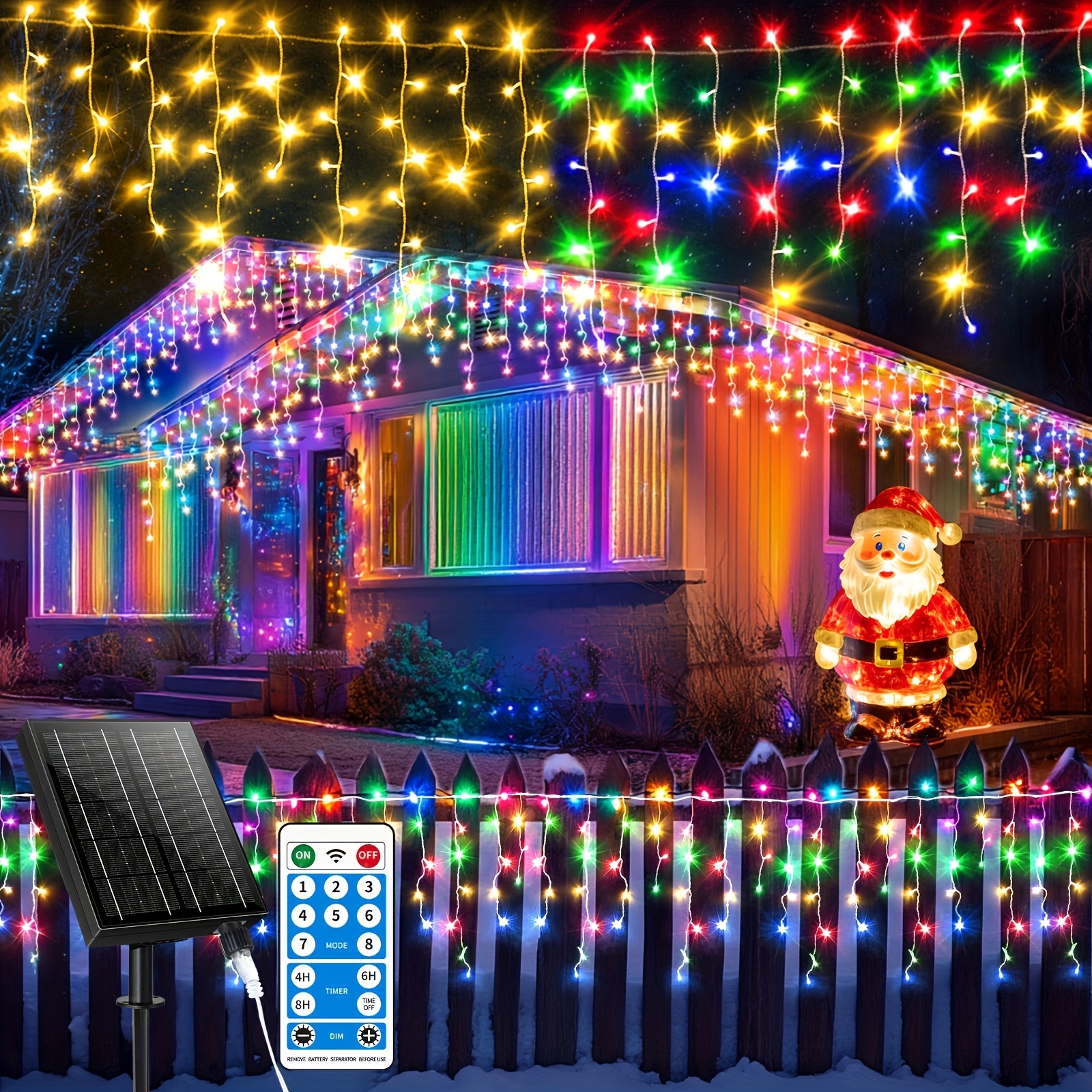Image of Engineering Solar Icicle Lights Outdoor 82.5ft 20+5m 880led 2500ma Outdoor Christmas Fairy Light String 8 Timed Remote Control Flash Lights For Christmas Roof Party Wedding (colorful)