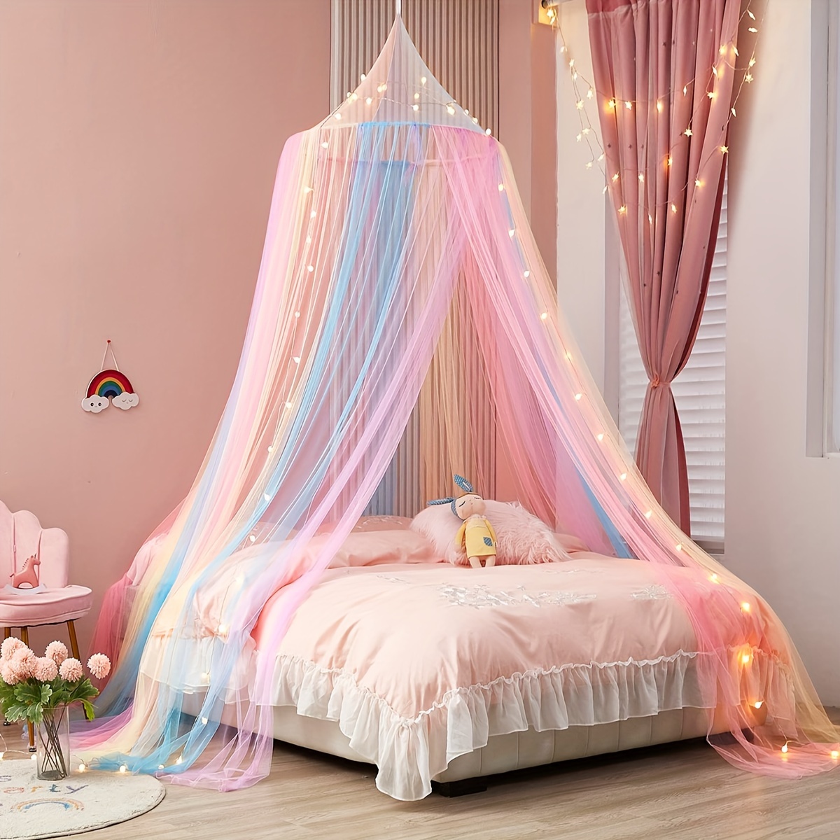 

Princess-themed Double Canopy Bed With Mosquito Net - Lace Trim, Polyester, Hand Wash Only - Perfect For Girls' Room