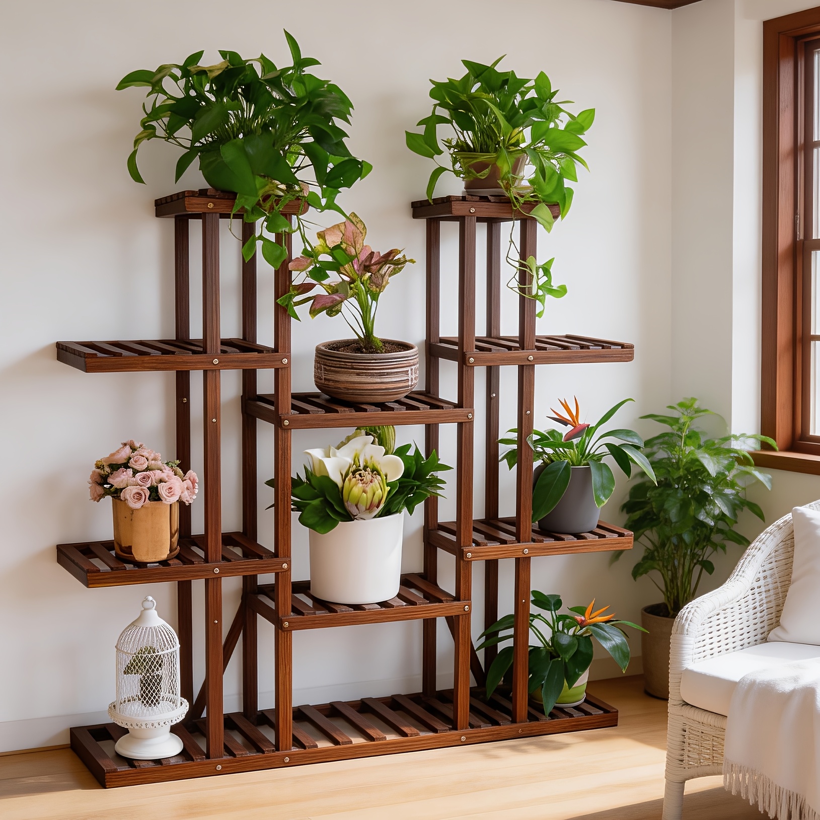 Image of Large Rustic 11 Tiers Wood Plant Stand Indoor Outdoor Multi Tiered Corner Plant Shelf Holder Flower Rack Stand For Indoor Multiple Plants Organize Shelves In Living Room Garden Balcony Patio Yard