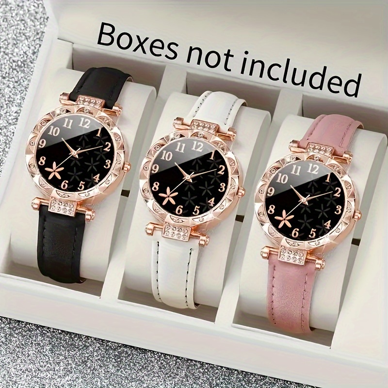 

3pcs/set Women Fashion Pu Cute Dial Quartz Watch Black & White & Pink Set ( Box Not Included)