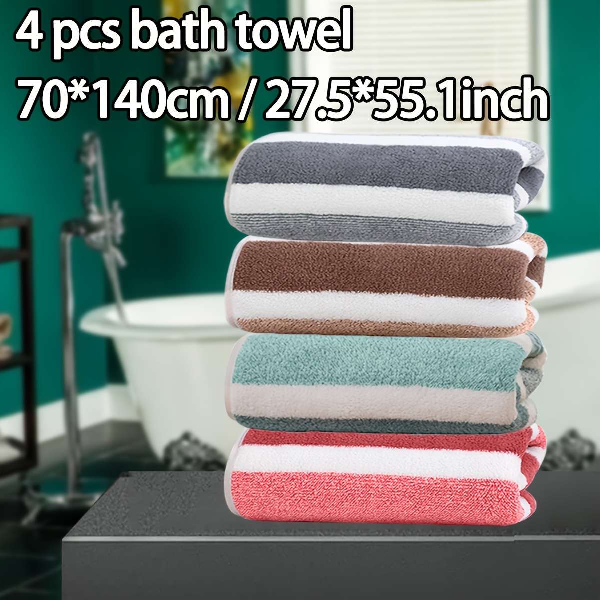 Image of 4pcs Bath Towels, Stripe, High Quality Microfiber, Absorbent, Quick-drying Towels, Soft And Comfortable Towels, Multiple Colors, Towels For Bathroom, Gym, Shower.70x140cm/27.6x55.1"