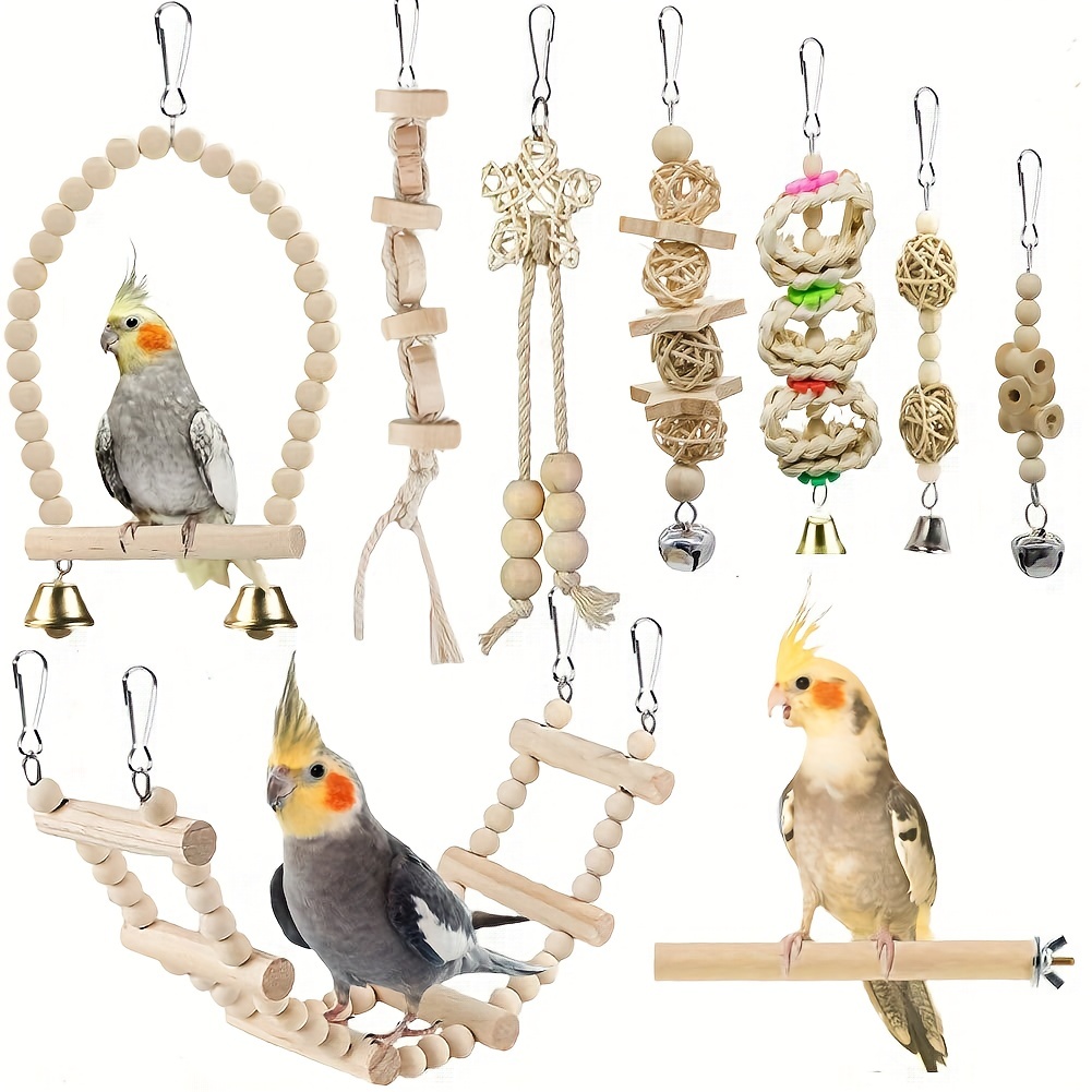 

9pcs Toy Set For Parakeets, Cockatiels, Conures, , - Wood Hanging , Chewing, Standing, Hanging , Accessories For Small To