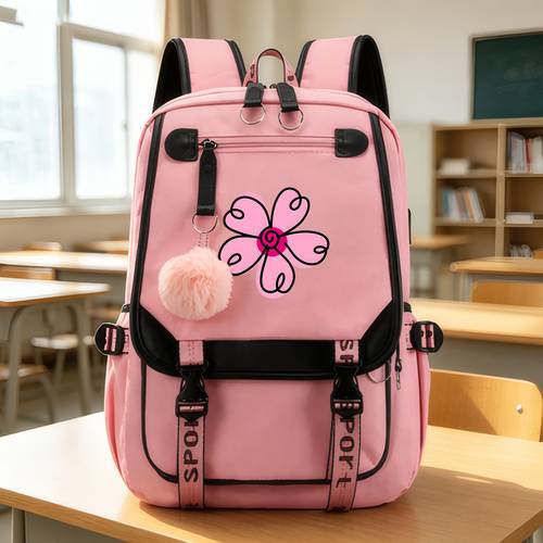 1pc pink petal outline spiral flower center pattern lightweight backpack versatile large capacity multifunctional student bag suitable for university daily 2d flat
