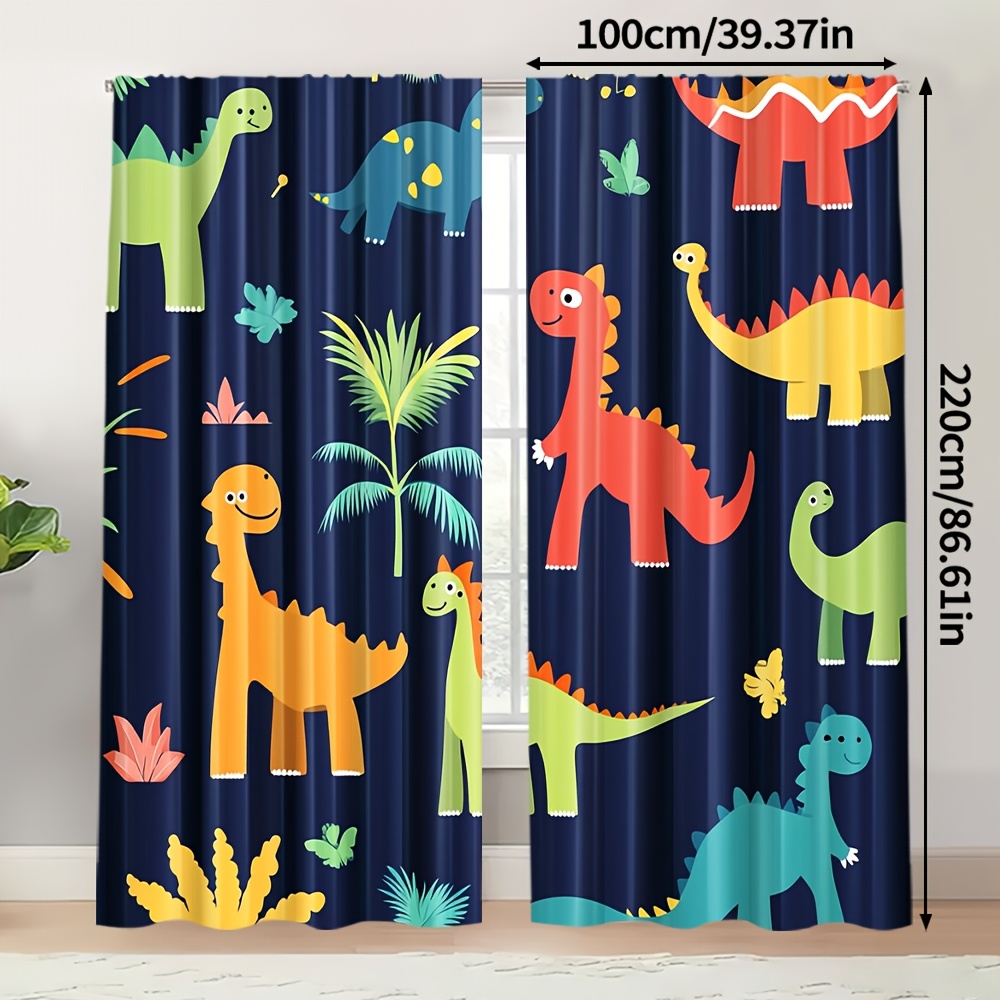 TEMU 2pcs, Boys Dinosaur Retro-style Printed Curtains, Extra Large Fabric, Decorations For Living Room And Study (without Rod)