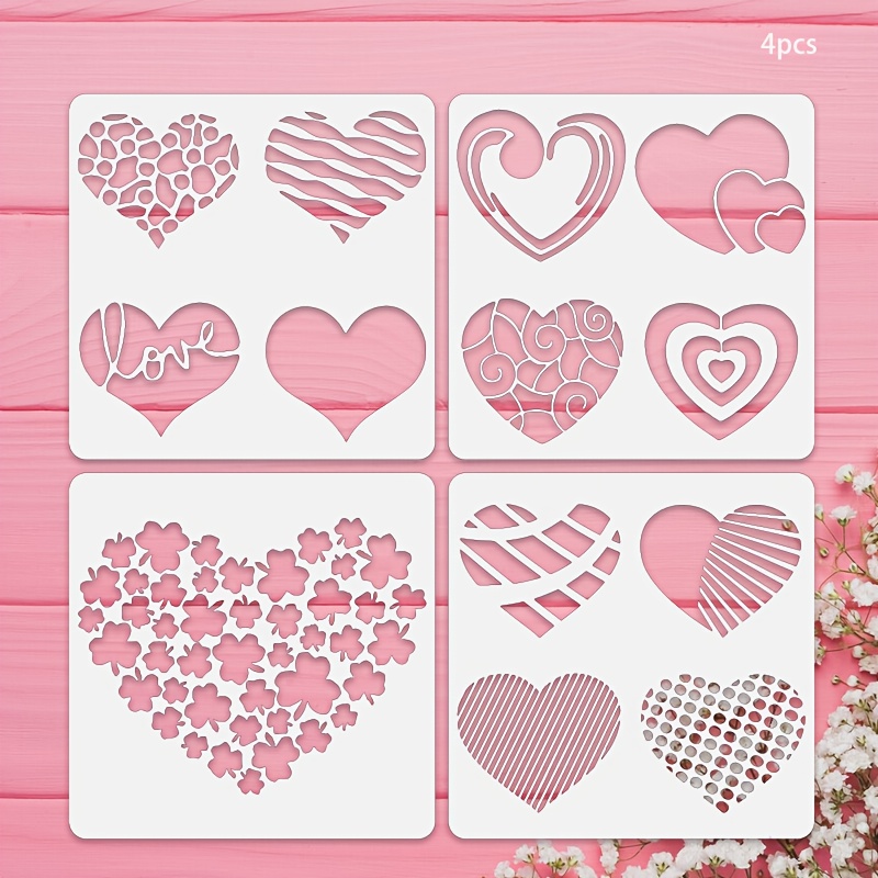 Image of 4pcs Heart Stencils For Painting - Valentine's Day Reusable Drawing Templates, Diy Crafts Home Decor, Wall Art, Clothing & Fabric Design, Plastic Patterns, 7.87x7.87 Inches