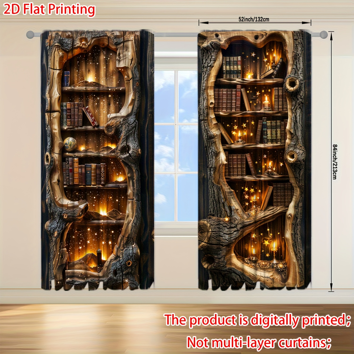 TEMU 2d Flat, 2d Flat Printing 2pcs Printed Curtain For Home Decor - Rod Pocket Window For Bedroom, Office, Kitchen, Living Room, And Study, 2d Flat