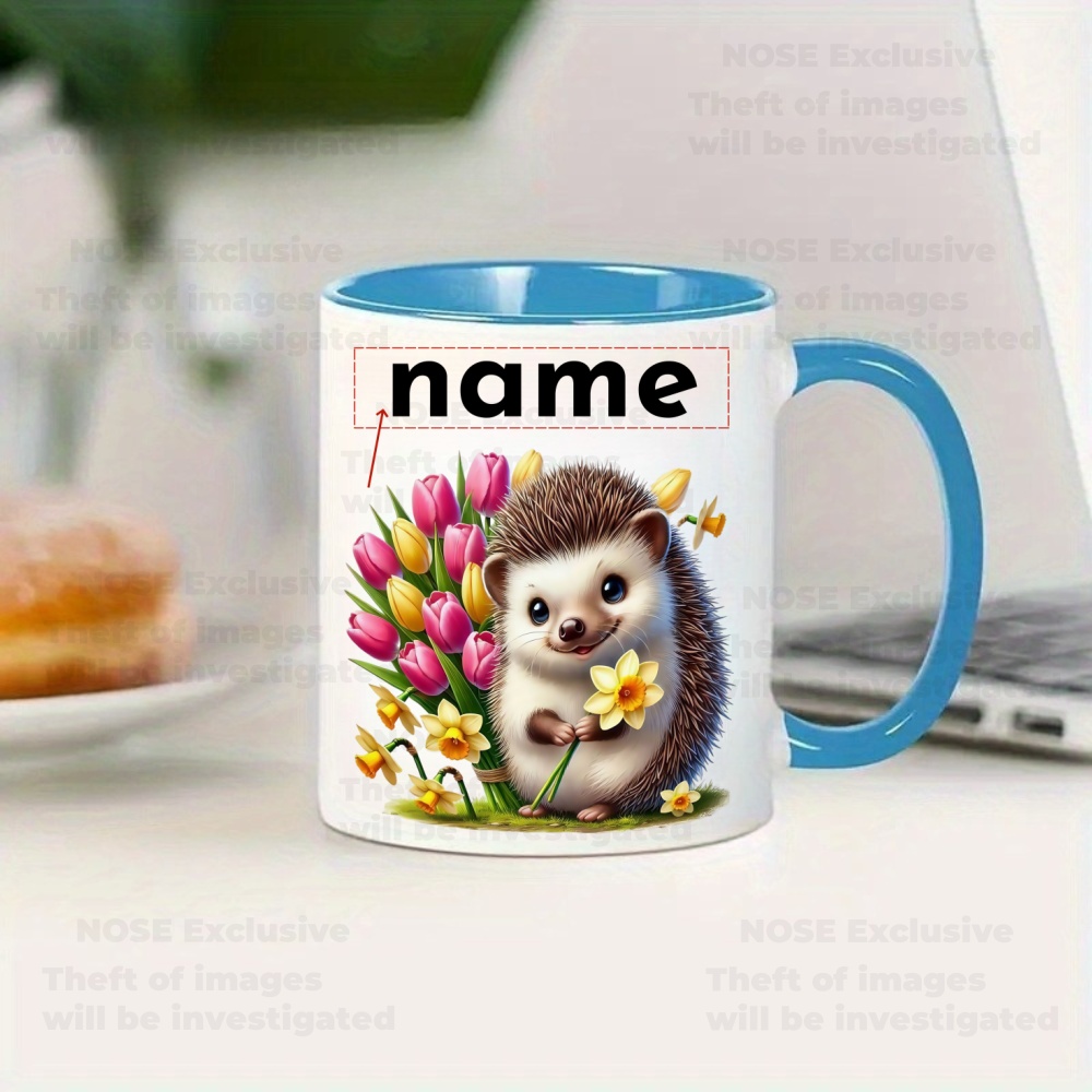 TEMU 1 Tasse à café personnalisée Hérisson - Personnalisable avec nom/, motif adorable de hérisson et de tulipes florales - Cadeau idéal pour