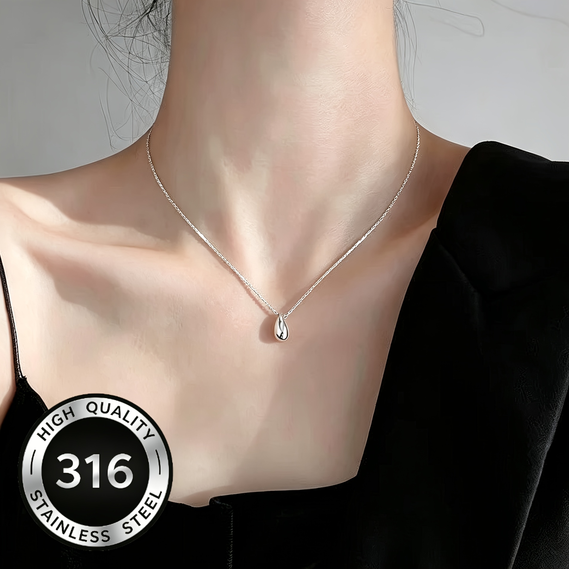 Women's Small Water Drop Pendant Necklace, Stainless Steel