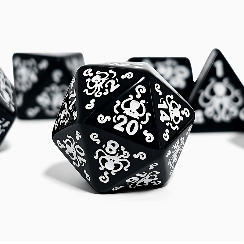 Black Polyhedral Dice Set with Octopus Carved Pattern