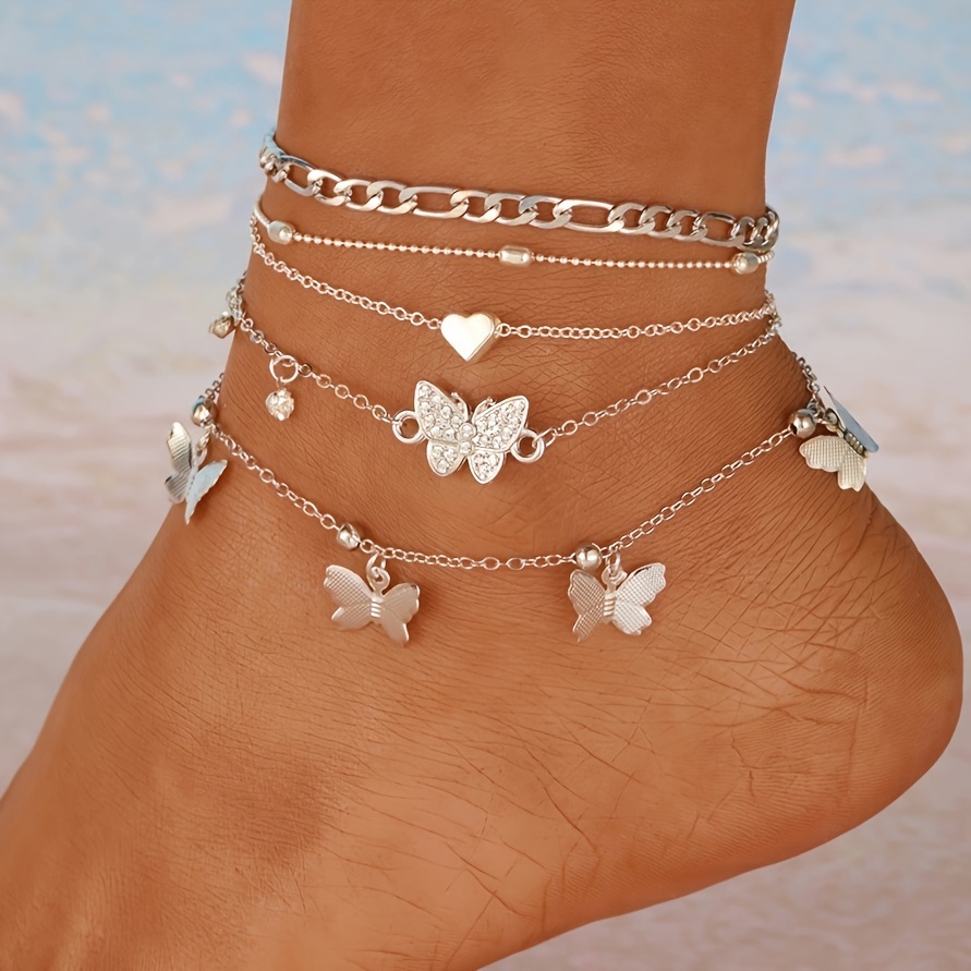 

4pcs Bling Bling Y2k Style Inlaid Rhinestone Love Butterfly Anklet Set For Women Holiday Party Banquet Accessories
