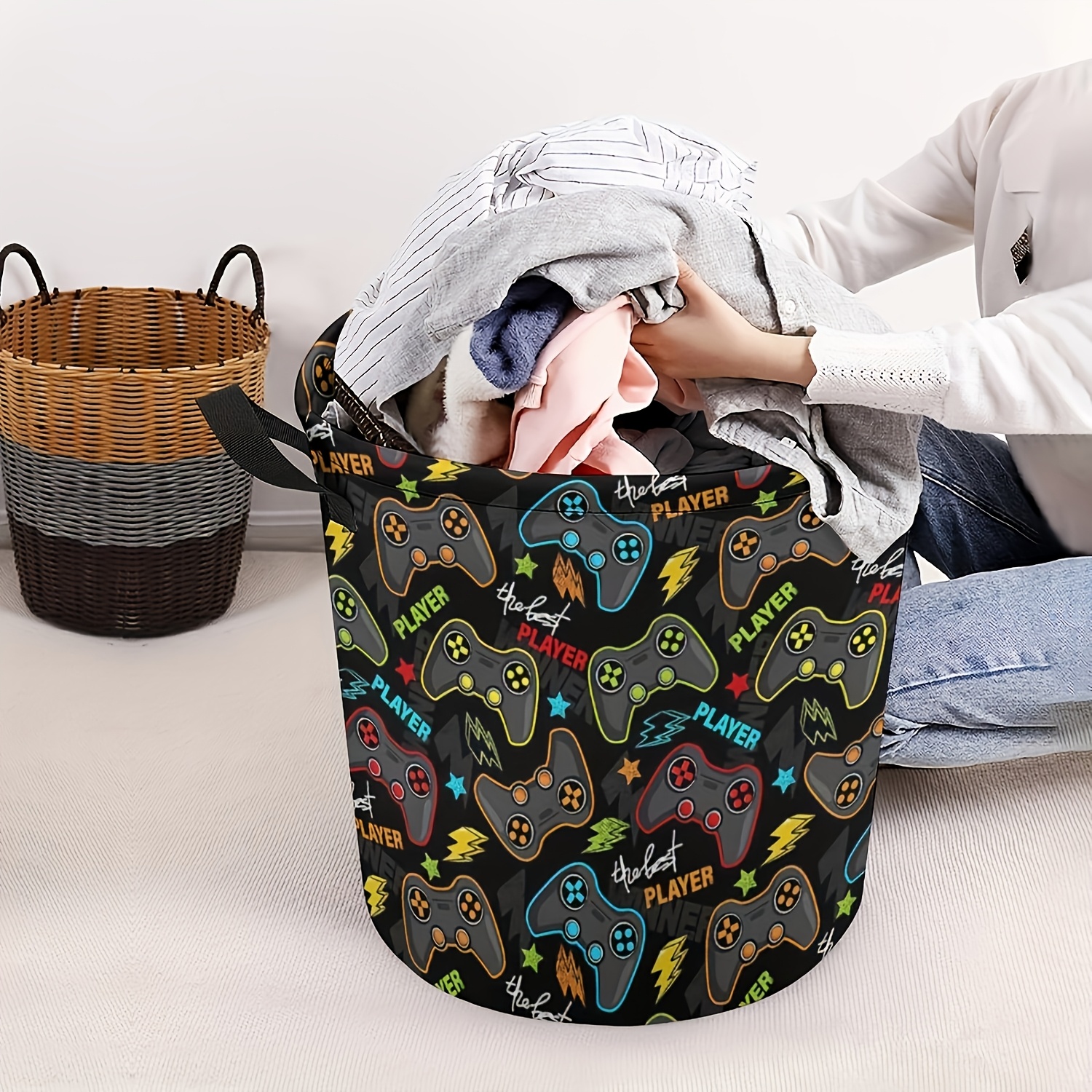 

1pc Large Capacity Gaming Controller Laundry Basket, Round Polyester Hamper, With Handles, For Laundry Room, Laundry Baskets