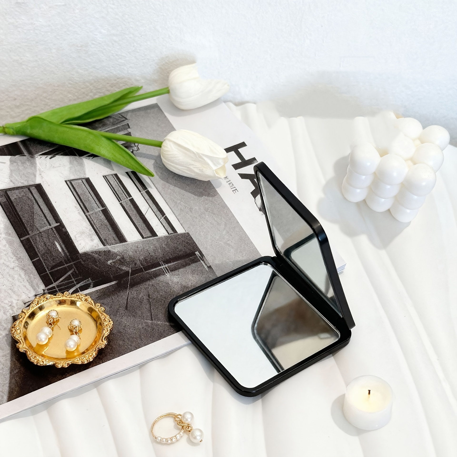 TEMU Folding Makeup Mirror, Portable Double-sided Flip Magnifying Glass, Square Desktop Can Stand Mini Mirror, Handheld Makeup Mirror