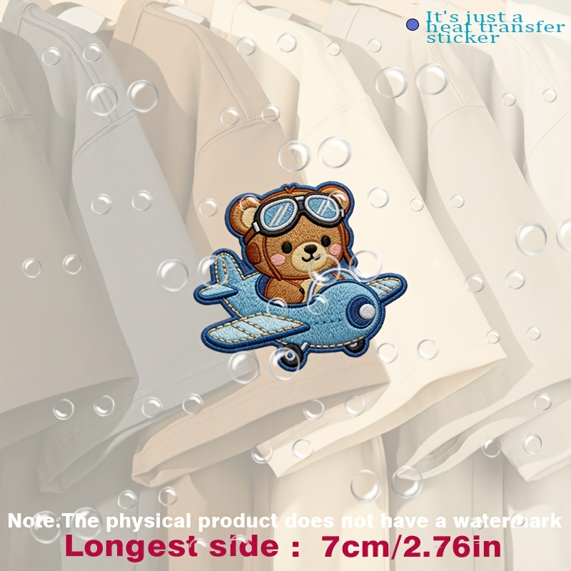TEMU Adorable Teddy Bear In Goggles, Blue Airplane, With Detailed Stitching And Vibrant Colors, Heat Transfer Stickers Are Suitable For Flat Fabrics