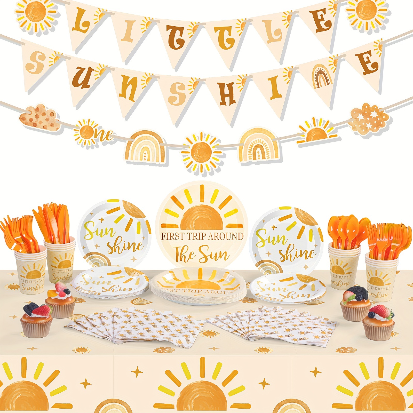 

173 Pcs First Trip Around The Supplies Boho 1st Birthday Decorations Hippie Tableware Set Banner Sun Plate Napkin Cup Fork Spoon Knife Tablecloth Serves 24 Guests