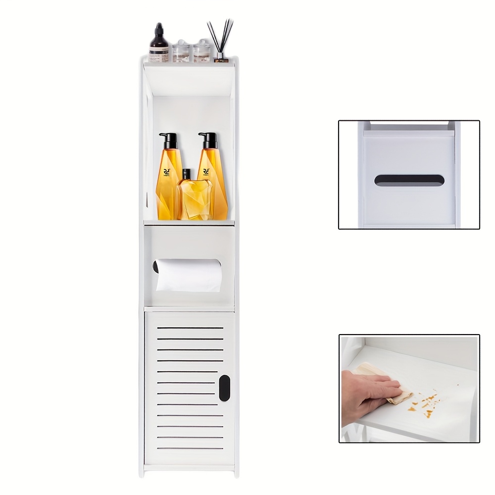 Image of Bathroom Floor Cabinet, Waterproof Freestanding Bathroom Storage Unit With Daily Use Layer And 1 Cupboard Door, Cabinet For Store Toilet Paper, Shampoo, White