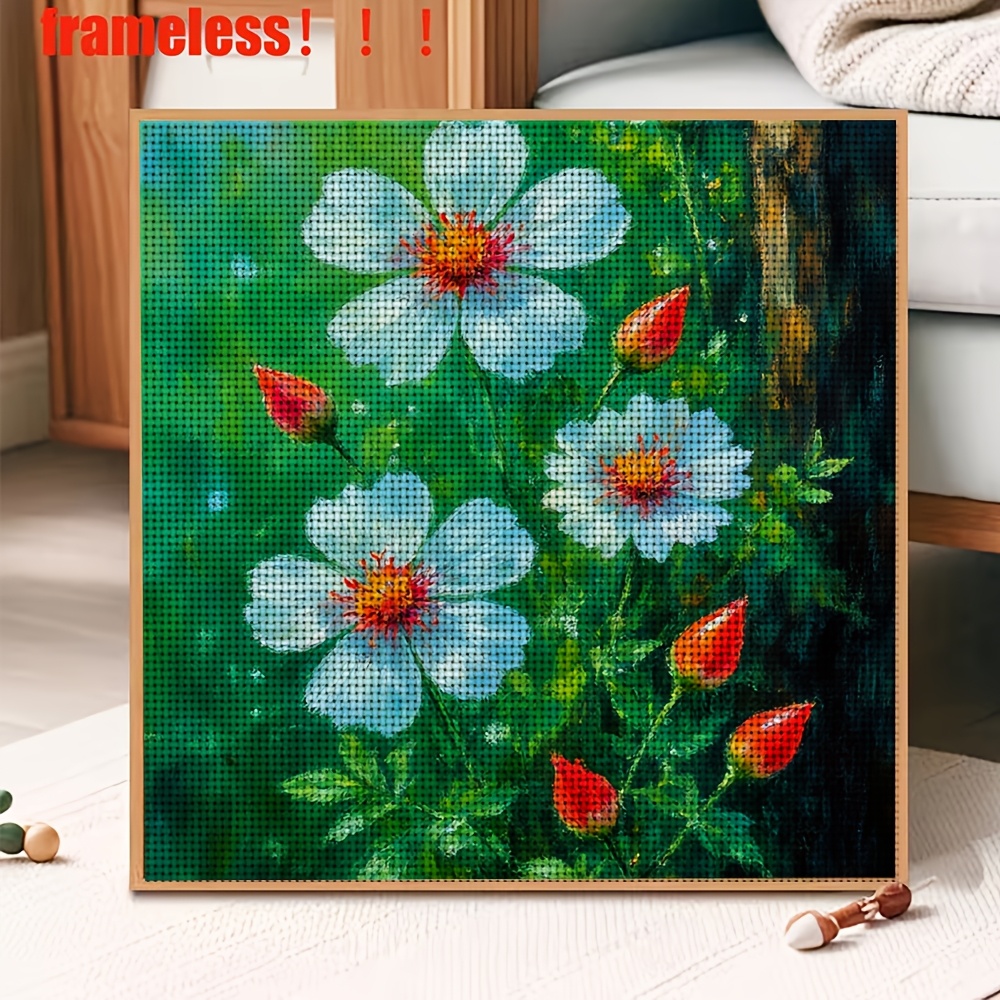 White Flower Red Bract Green Background Cross-Stitch Kit, Perfect for Beginners