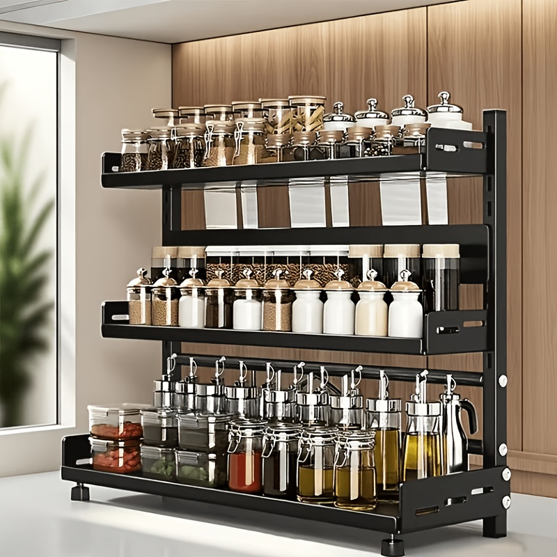 Image of Three-tier Black Kitchen Spice Rack With Knife Holder, Bowl/chopstick/spice Storage Rack, Golden Accents, Sturdy Storage Shelf, Kitchen Home Storage