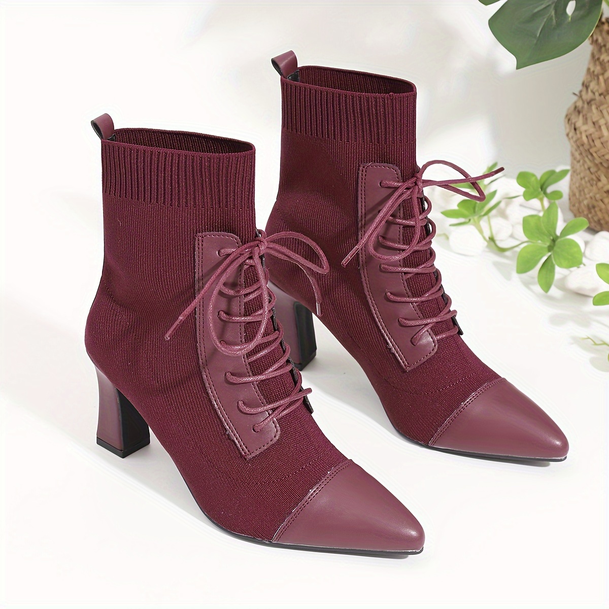 

Women's Mid-calf Lace-up Boots With Heel, Pointed Toe, Stretch Fabric Upper & Tpu Sole, Solid Color Dress Booties For All - Comfortable Work & Outdoor Footwear Collection