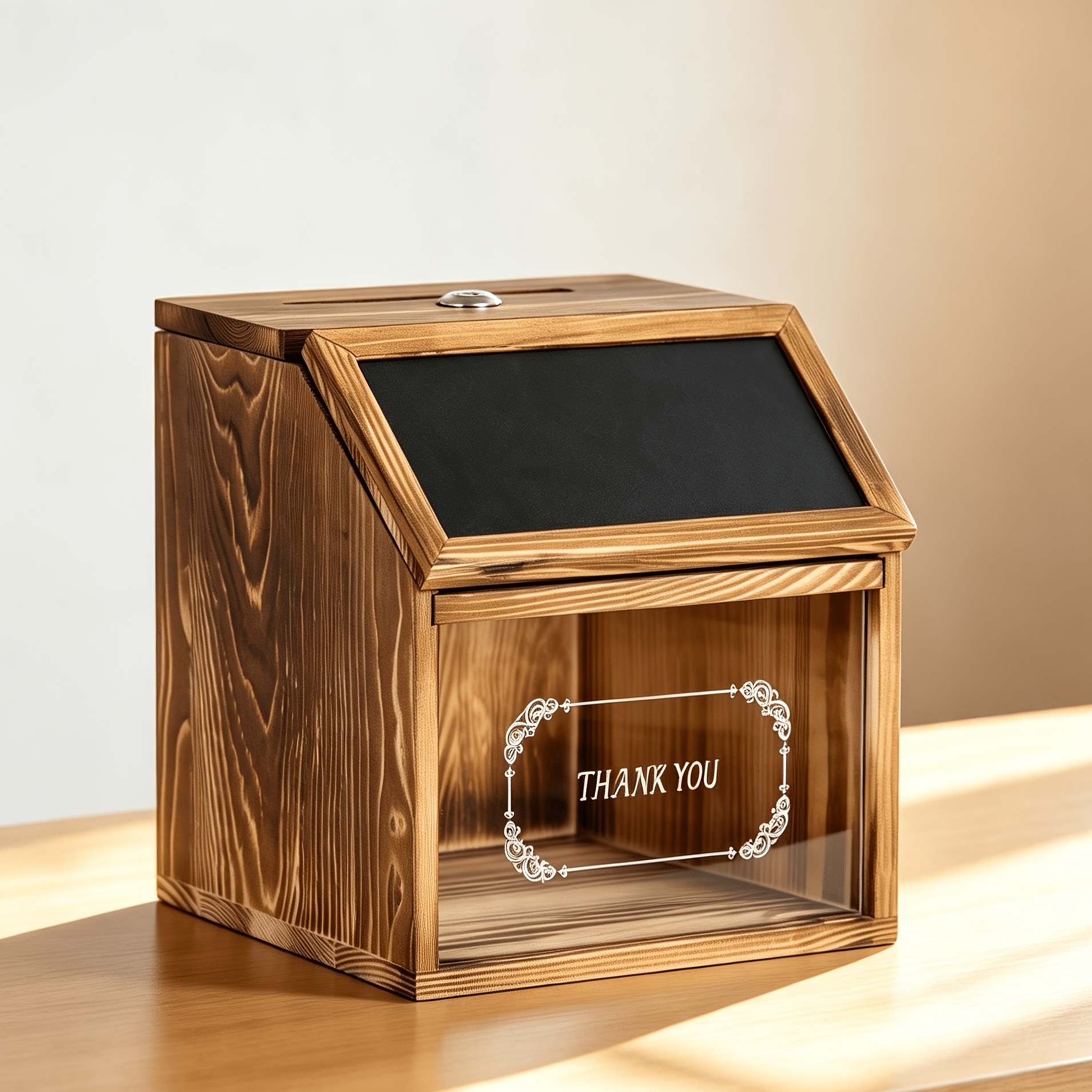 20×20×19cm Wood Box With Lockable Clear Window & Writing Blackboard Panel - Wall-mounted/desk Donation Box Suitable For Office,, Public Comment Box, Charity, Ballot Box