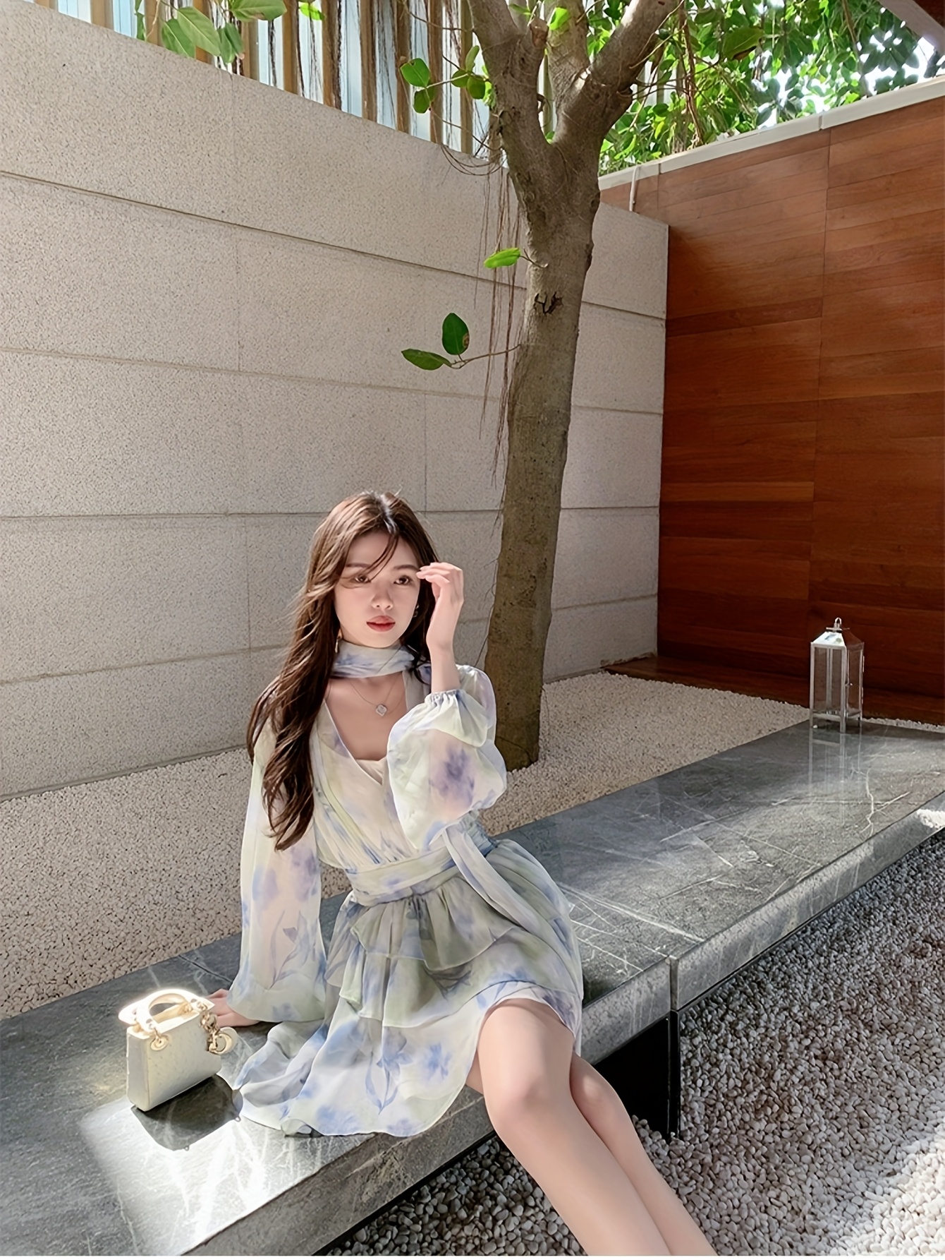 small floral chiffon bubble sleeve dress spring autumn high - Temu Oman