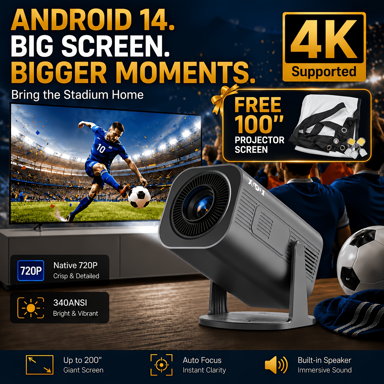 Image of Xgody Smart Projector 8k Supports Local 720p Hd+ Resolution 340ansi 180° Wide Angle Home Theater, 14, Wireless 5.4, For Living Room And Office, Home Theater , Birthday Gift