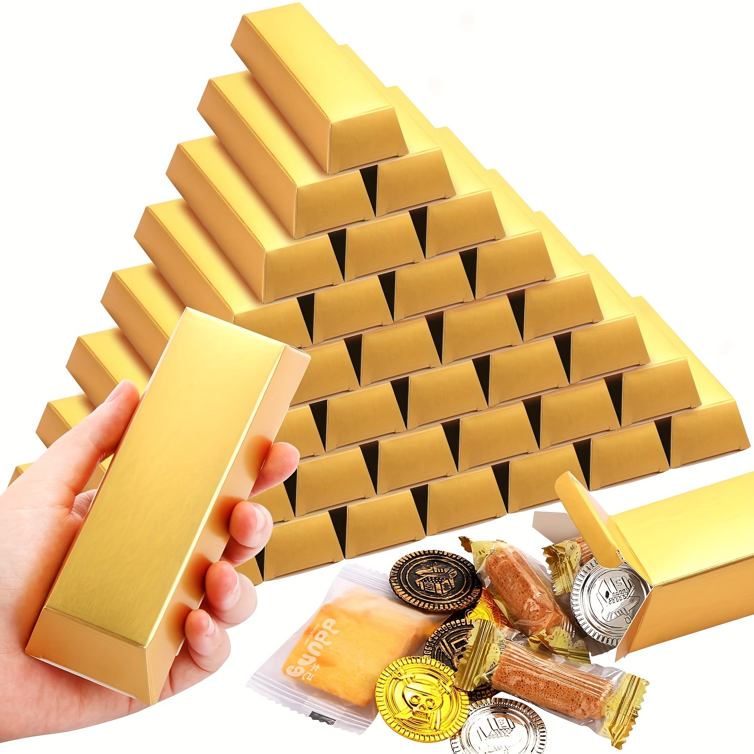 

10pcs Golden Bars Fake Golden Bar Gift Box Golden Foil Treasure Brick Paper Box Golden Party Favor Boxes Pirate Theme Party Supplies For Graduation Party Birthday Candy Treats Crafts Decorations