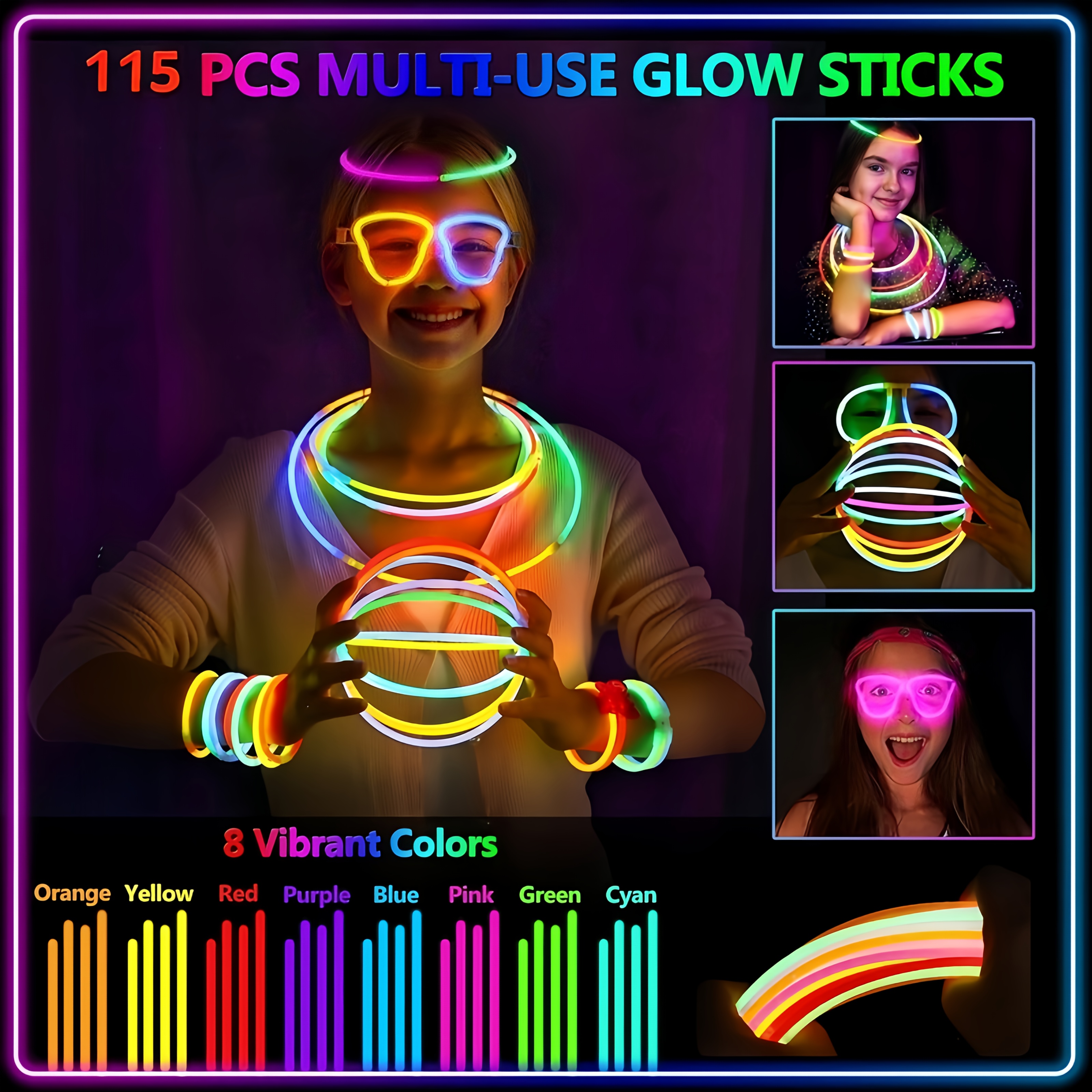 115 stick party supplies kit with neon glow in the dark glasses necklaces bracelets hour 8 vibrant colors purple red yellow white plastic polyethylene for halloween birthdays concerts no batteries electricity required Product details 3