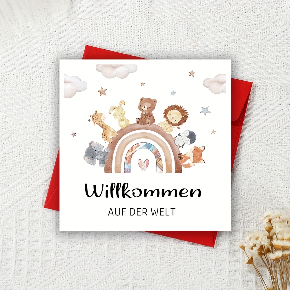 Image of Cute Square Greeting Card With Rainbow And Animal Illustration, "" Design, Pregnancy Card, Pregnancy Announcement