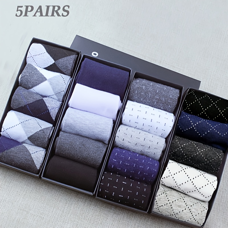 TEMU 5-pack Men's Rhombus Minimalist Stylish Fashionable Versatile Soft Mid-calf Socks Suitable For Daily Wear