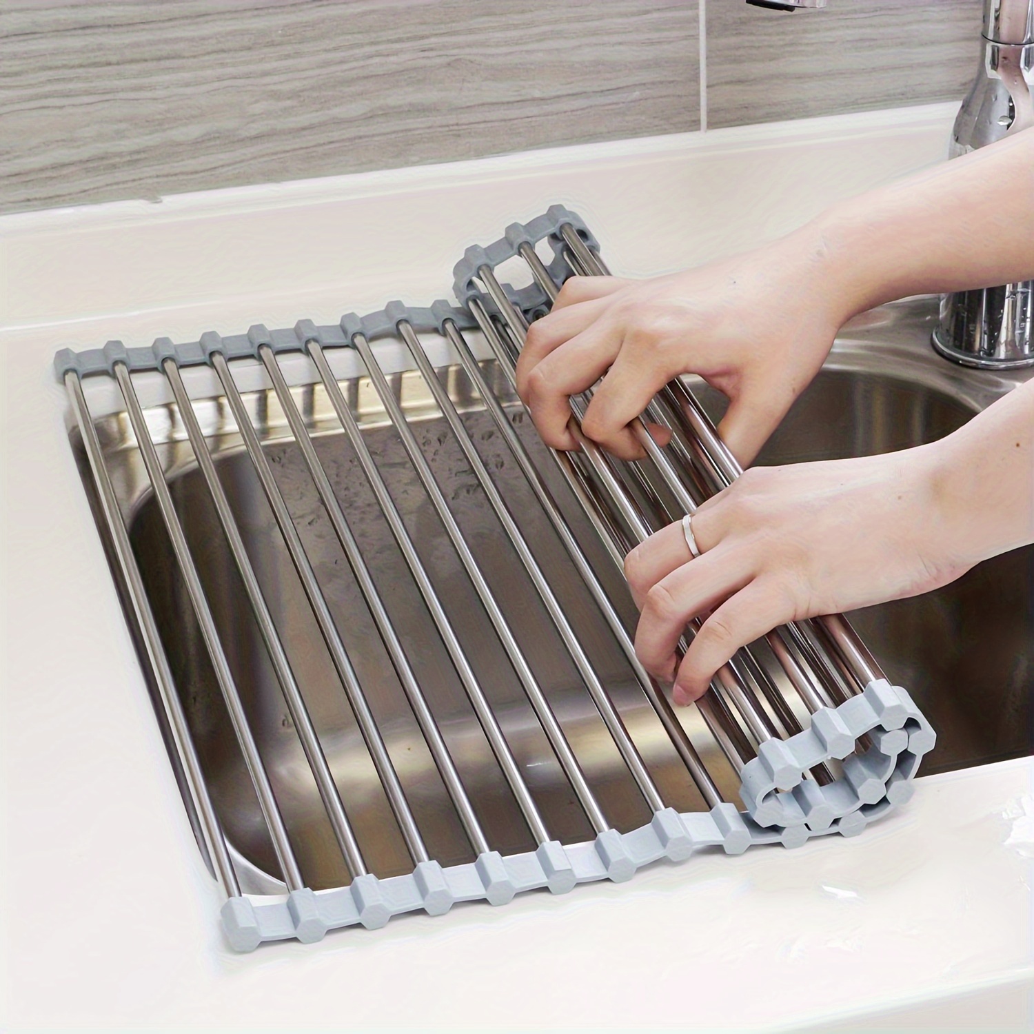 

1pc Stainless Steel Roll-up Dish Drying Rack - Portable, Foldable Sink Drainer Organizer For Kitchen Accessories