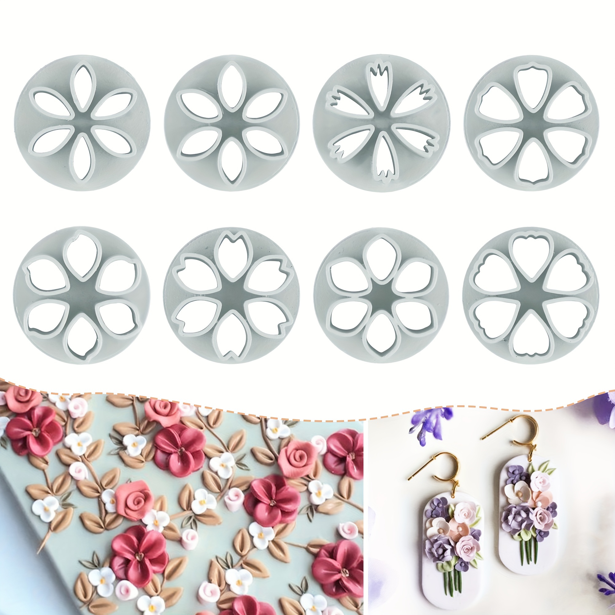 

8 Pcs Floral Polymer Clay Cutters Set, Petal Shaped Plastic Mini Clay Punch Tools For Diy Jewelry, Earrings, Wreath Crafting - Polymer Clay Molds For Art And Craft