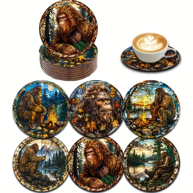 

6pcs Bigfoot Stained Glass-inspired Wooden Coaster Set - , Drink Mats For Coffee, - Decor Gift & Friends, Coffee Bar Decor