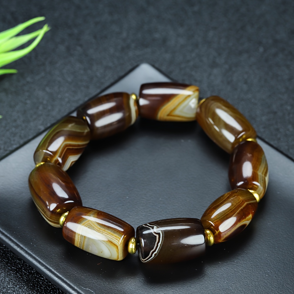 

Elegant Men' & White Agate Bead Bracelet - Natural Stone, Striped Silk Wrap Design, Perfect Gift