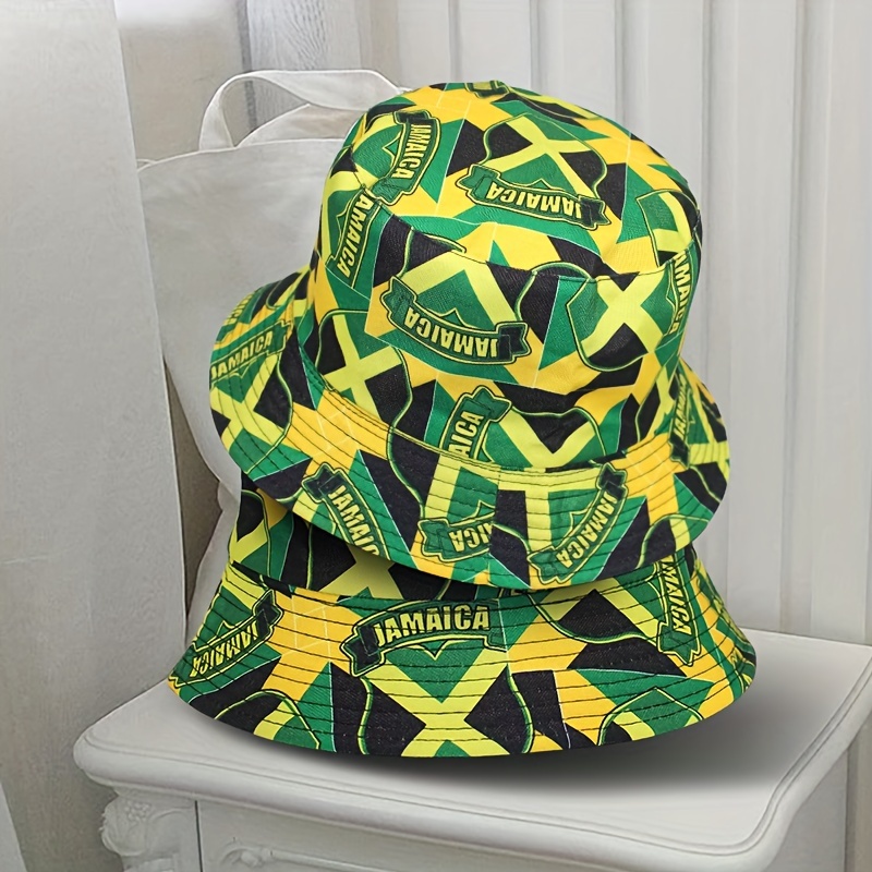 

Unisex Jamaica Flag Print Bucket Hat 100% Polyester Casual Street Style Woven Fisher Cap With Wide Brim For Sun Protection, Travel, And Beach - Foldable Summer Panama Hat