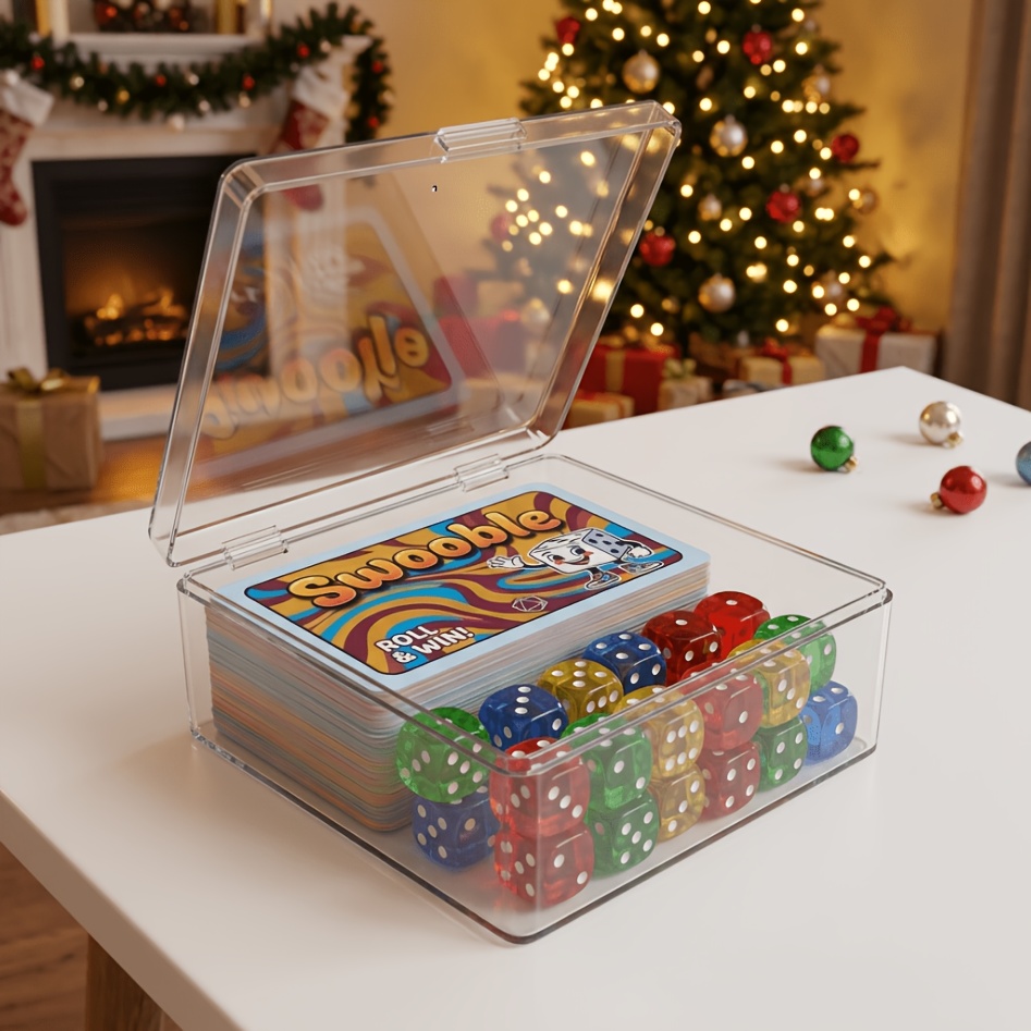 TEMU Swooble – Schnelles Karten- und Würfelspiel-Set, verpackt in einer transparenten Aufbewahrungsbox. Die Karten und Würfel gedruckte
