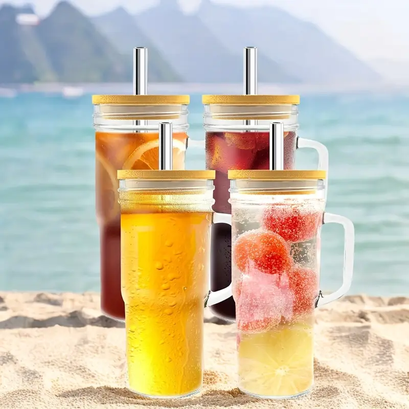 2 4pcs thickened large capacity glass cup with lid straw handle wide mouth drinking cup fitness sports cup coffee cup glass housewarming gift cup with lid and straw reusable glassware modern drinkware set sleek glass cup premium drinkware sturdy construction multipurpose cup handle cup gift home baristas Product details 0