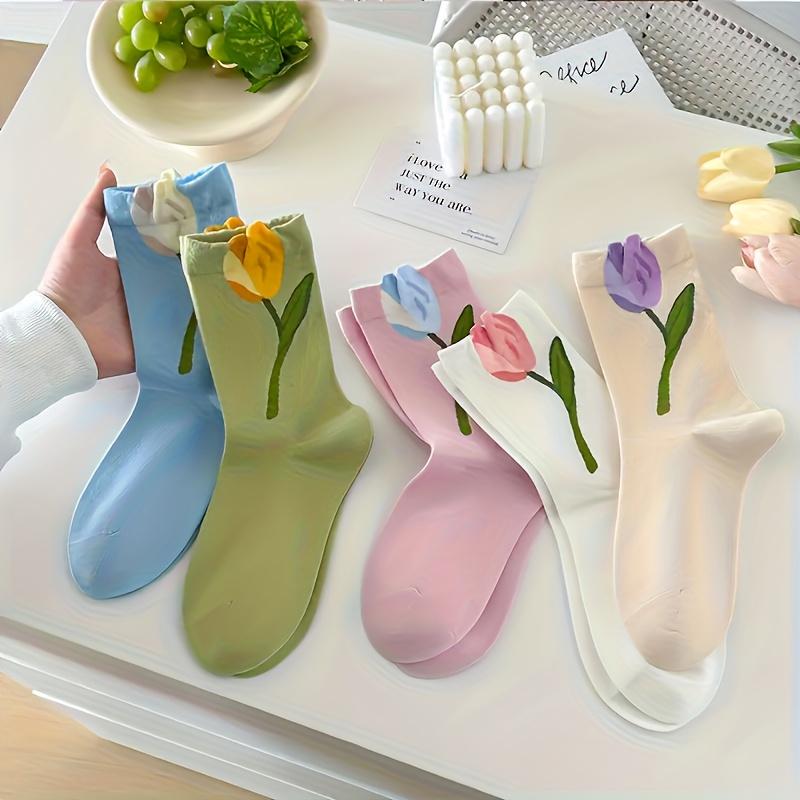 E-shop 5-Paar Frühling/Sommer Dünne Neue Knochenfreie Tulpen-Mittellange Socken, Süße Vielseitige Kniestrümpfe für Alle Jahreszeiten