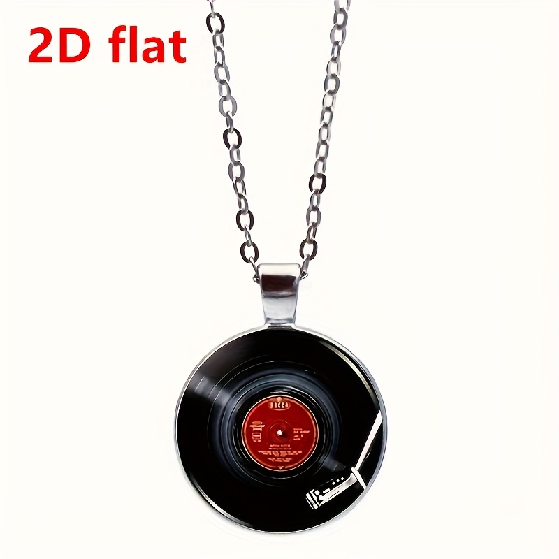 Image of 2d Flat 1pc Fashion Record Glass Alloy Pendant Necklace, For Men And Women, 2d Flat