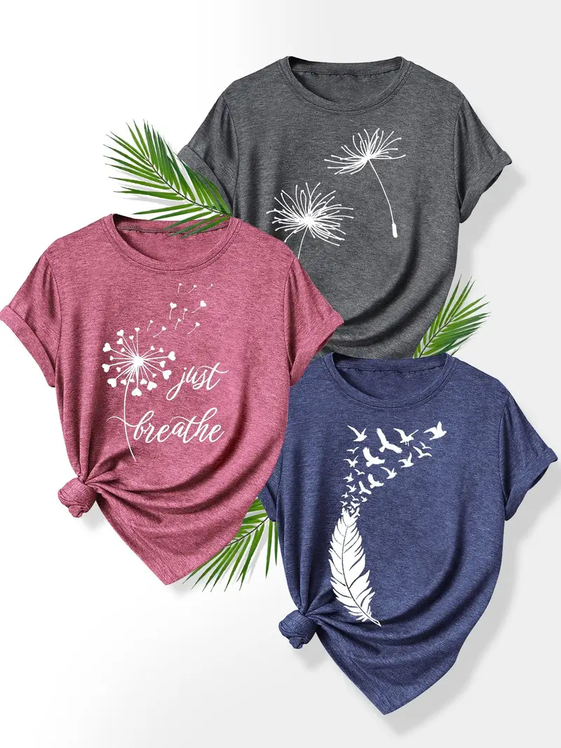 3pcs set floral print t shirts for women dandelion rose and casual summer short sleeve crew neck tees soft polyester blend sizes s xxl casual attire casual summer wear floral print stretchy fabric Product details 3