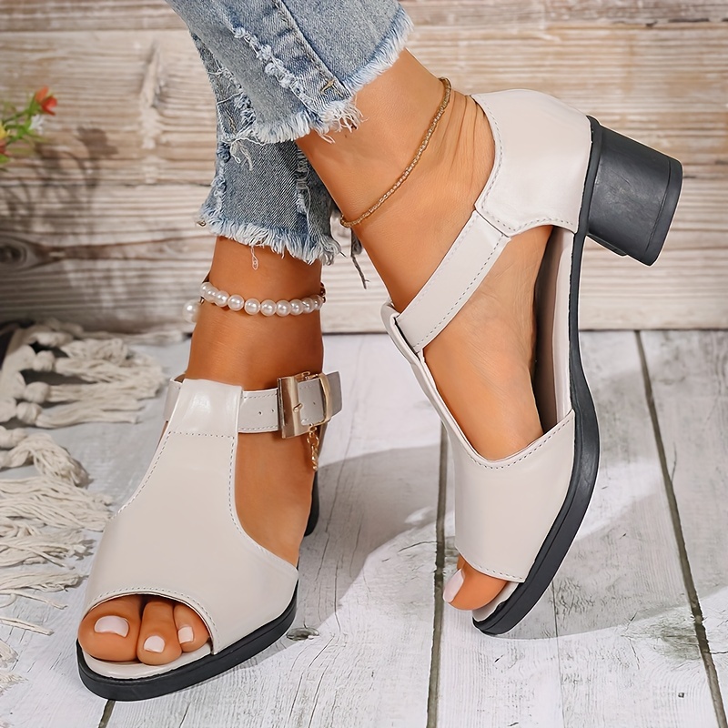 

Women's Peep Toe Chunky Heel Sandals, Comfortable Side Cut Out Walking Shoes, Trendy Footwear With Adjustable Ankle Strap