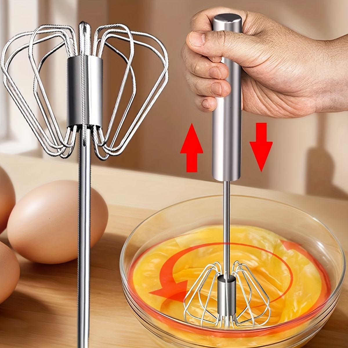 TEMU 1 batteur à œufs rotatif semi-automatique en acier inoxydable , outil de cuisson de cuisine, batteur à œufs manuel en acier inoxydable de type