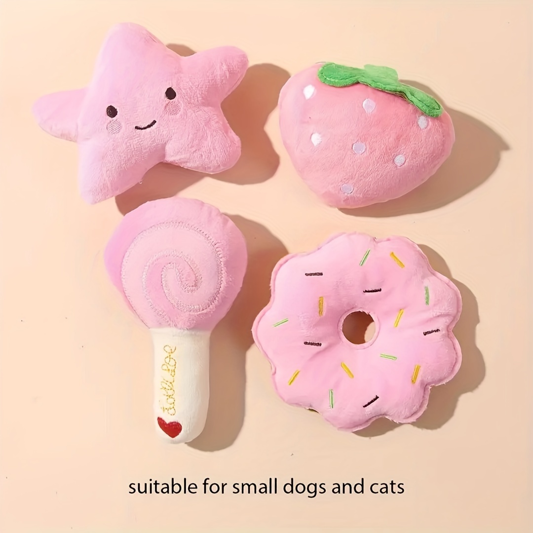 

Jeu de compagnie pour chiens et chats de petite taille - Ensemble de 4 jouets en peluche fruit, légume, bonbon, , donut, - de jeu et de sommeil interactif en peluche douce