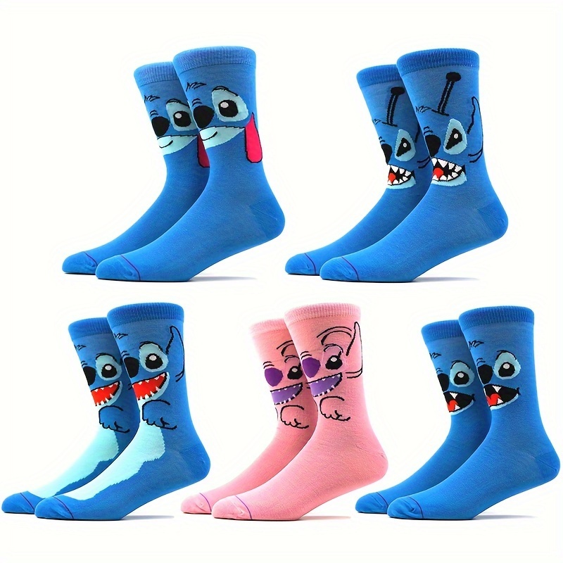 

5 Pairs Of Men's Novel Cartoon Characters Stitch Cute Pattern Crew Socks, Comfy And Breathable Trendy Socks For All Seasons Wearing