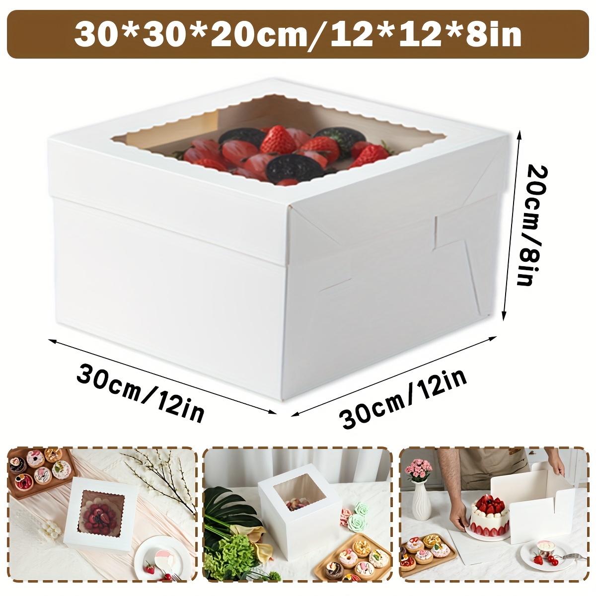 15pcs White Cake Boxes with Clear Window, Disposable Bakery Boxes