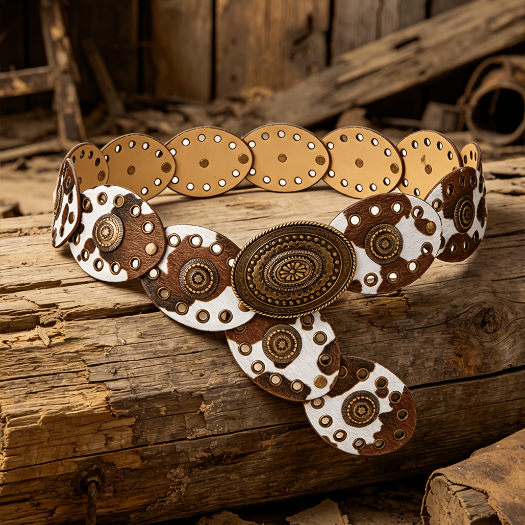 TEMU 1pc Cow Print Women's Wide Belt, Boho Wide Belt, Western Vintage Belt, Rivet Belt, Matching Bikini, Short Skirt, Half Skirt, Dress, Pants,