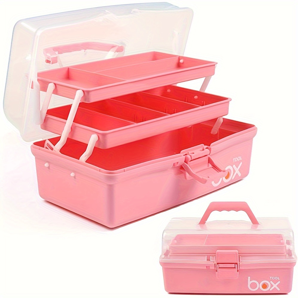 

1pc Plastic 3-layer Storage Box, Multipurpose Storage Box Container, Household Folding Tool Box, Portable Art Craft Case Container, Sewing Supplies Sorting Organizer, Medicine Box (pink)