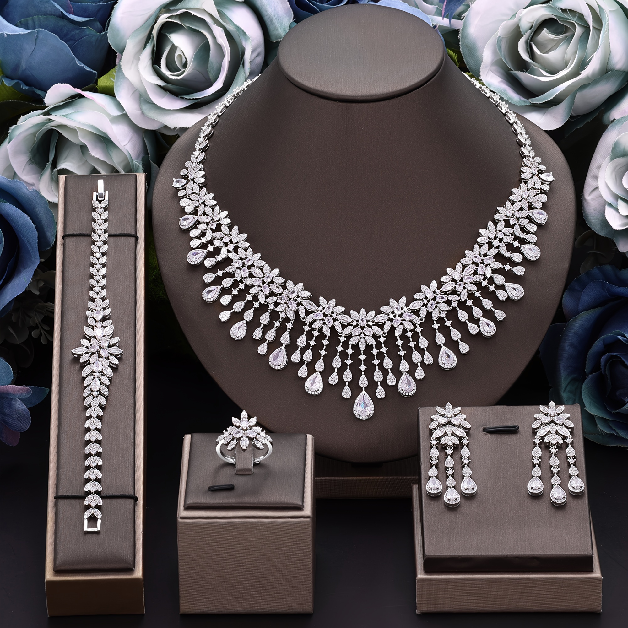 

Luxury Bridal Jewelry Set, Platinum Plated Copper With Zirconia - Elegant Necklace, Bracelet, And Earrings Set For Weddings, Ramadan & Special Occasions