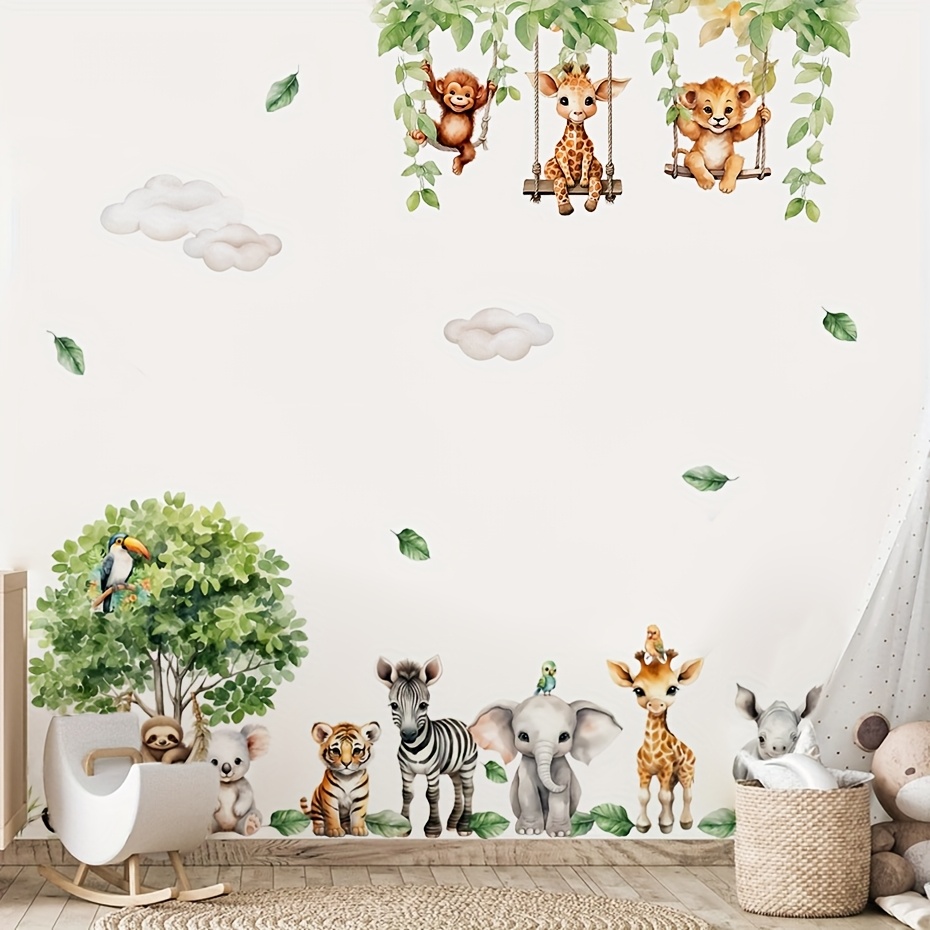 Image of 2pcs/set Cute Forest Animals Swinging Watercolor Wall Sticker Wall Art Decal Bedroom Home Decor Peel And Stick