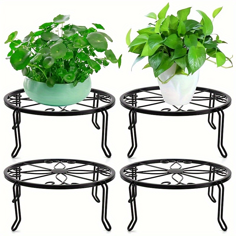 

Classic Iron Plant Stand Set Of 4, Round Metal Planter Holder With Flower Pattern, Lacquered Lightweight Bonsai Display Racks, Versatile Indoor & Outdoor Garden Container Supports